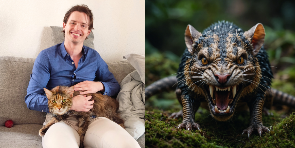Left: An unmodified image with the cat's head, pasted from another image - Right: An AI-generated image